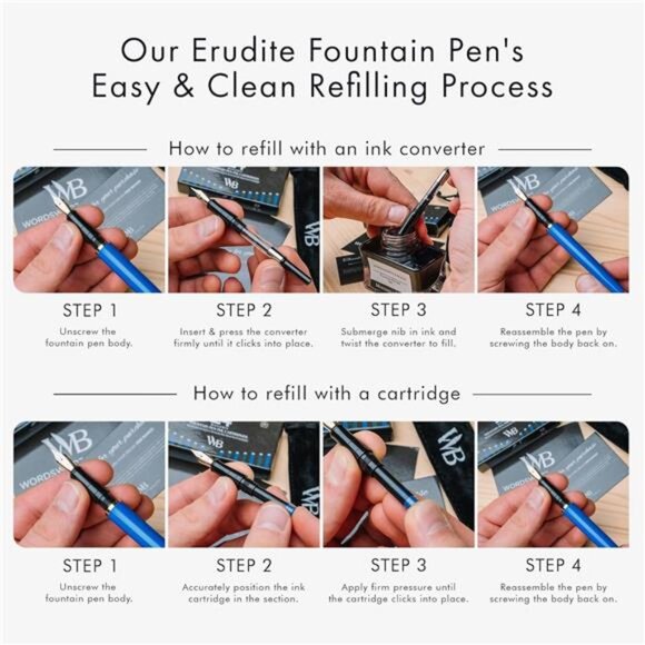 Black Fountain Pen Set, 18K Gilded Medium Nib, Includes 24 Pack - Picture 13 of 14